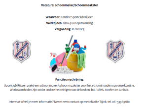 Vacature: Schoonmaker / Schoonmaakster